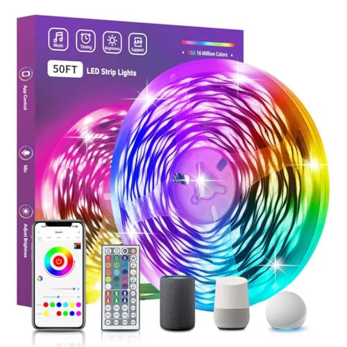 Image of FONEWE Smart WiFi LED Lights 50 ft Remote Control Through APP Led Strip Lights Supports Alexa and Google Assistant Timing Function RGB Color Changing LED Lights for Bedroom and Party