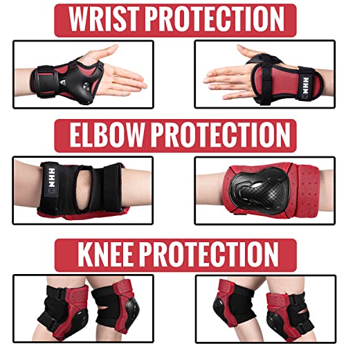 NHH Adult & Kids Knee Pads Elbow Pads Wrist Guards for Kids Youth Adultds Men and Women 6 in 1 Protective Gear Set for Skateboarding, Skating, Roller Skating and Multi-Sports (Red, Large)