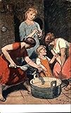 Three Girls and a Child beside Tub with Ladel Art Original Antique Postcard