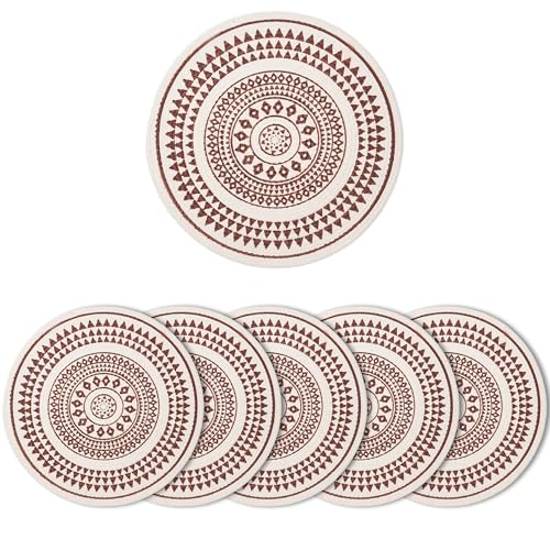 Image of Dining Table Mats Set of 6 | Cotton Table Mat 32 cm Diameter, Ecasa XO Washable Round Table Mats, Heat Resistance Dining Table Placemats, Handmade Ribbed Style for Centre Table, Maroon Mandala-3 Print
