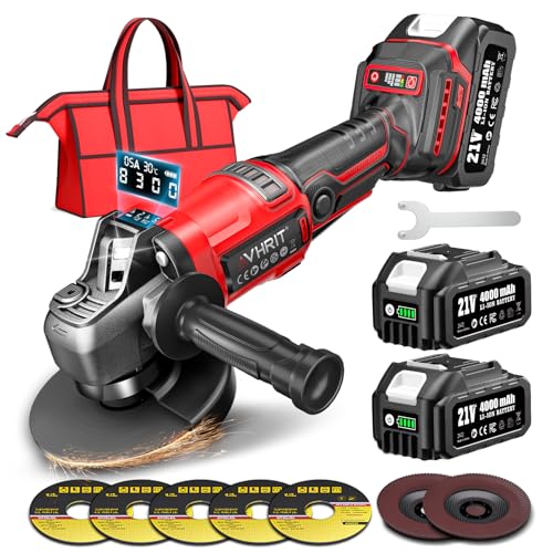Avhrit Amoladora angular a batería de 125 mm, Amoladora Angular Inalámbrica con 2 baterías de 4000 mAH, pantalla LED, motor sin escobillas para amolar metal y eliminar óxido.