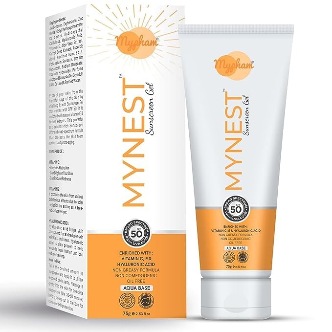 mypham MYNEST Vitamin C + E SPF 50 Sunscreen Gel, Skin Brightening Sunscreen Lotion Anti Tan, Sun Burn Protection for Men Women | Non-Oily,Ultra-Light Chemical Free Formula - 75 Gm