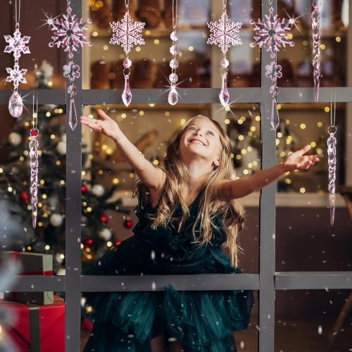 Image of 36pcs Crystal Christmas Ornaments for Tree Decorations, Pink Hanging Acrylic Snowflake Icicle Star Ornaments with Drop Pendants for Winter Wonderland Chandelier Crystals Decorations Supplies