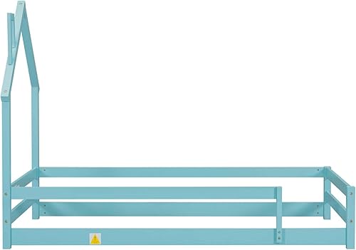 Miniatura 7 de Montessori - Cama de plataforma de tamaño individual con cabecera en forma de casa y cama de piso con barandilla, marco de cama de madera para niños