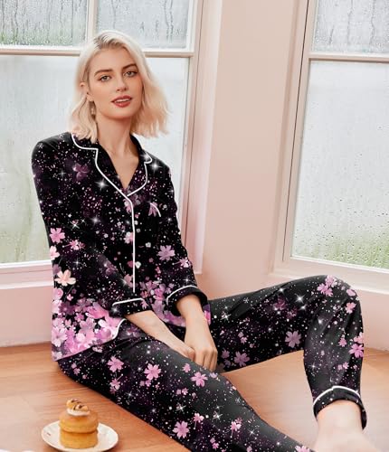 Image of Ekouaer Pajamas Women's Long Sleeve Sleepwear Soft Button Down Loungewear Pjs Lounge Set Nightwear XS-XXL