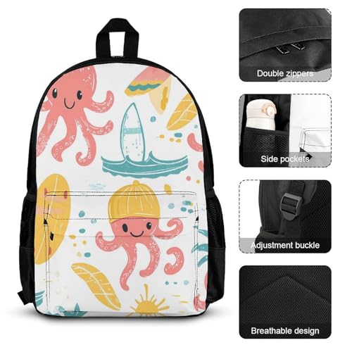 Hawaiian Cartoon Octopus Backpack 3 Set with Lunch Bag Insulated Shoulder Meal Tote Bags Pencil Case Box Casual Daypack3