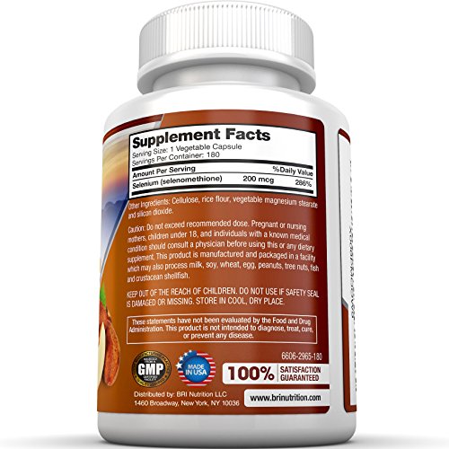 Bri Nutrition Selenium - Natural Antioxidant Supplements Helps To Fortify Immune System, Maintain Heart Health & Combat Free Radical Damage - 200Mcg, 180 Vegetable Cellulose Capsules #TOP2