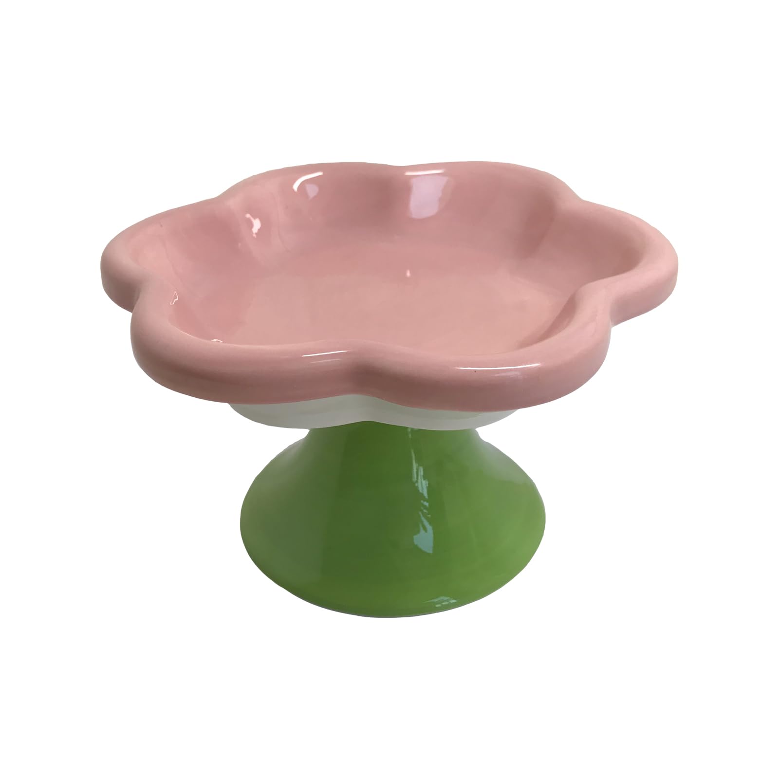 Ceramic Elevated Cat Bowls Flower Dish,Small Raised Dish.Flower Ceramic Raised Bowls for Cats and Small Dogs reducing pet’s Neck Bending and Pressure （Pink White Green）