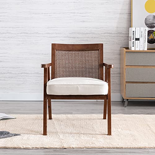 Hny Mid-Century Armchair, Retro Rattan Back Upholstered Accent Chair, Espresso Wood Frames, Large Leisure Slipper Chair For Living Room Bedroom, Beige, Rattan Back + Beige Chenille #TOP2