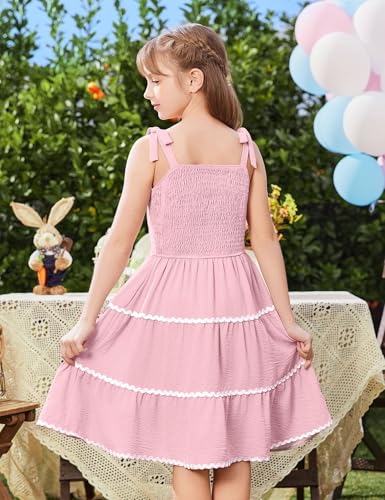 Arshiner Girls Summer Sleeveless Bow-Tie Straps Sundress Flowy Smocked Backless Tiered Lace Swing Midi Dress with Pockets2
