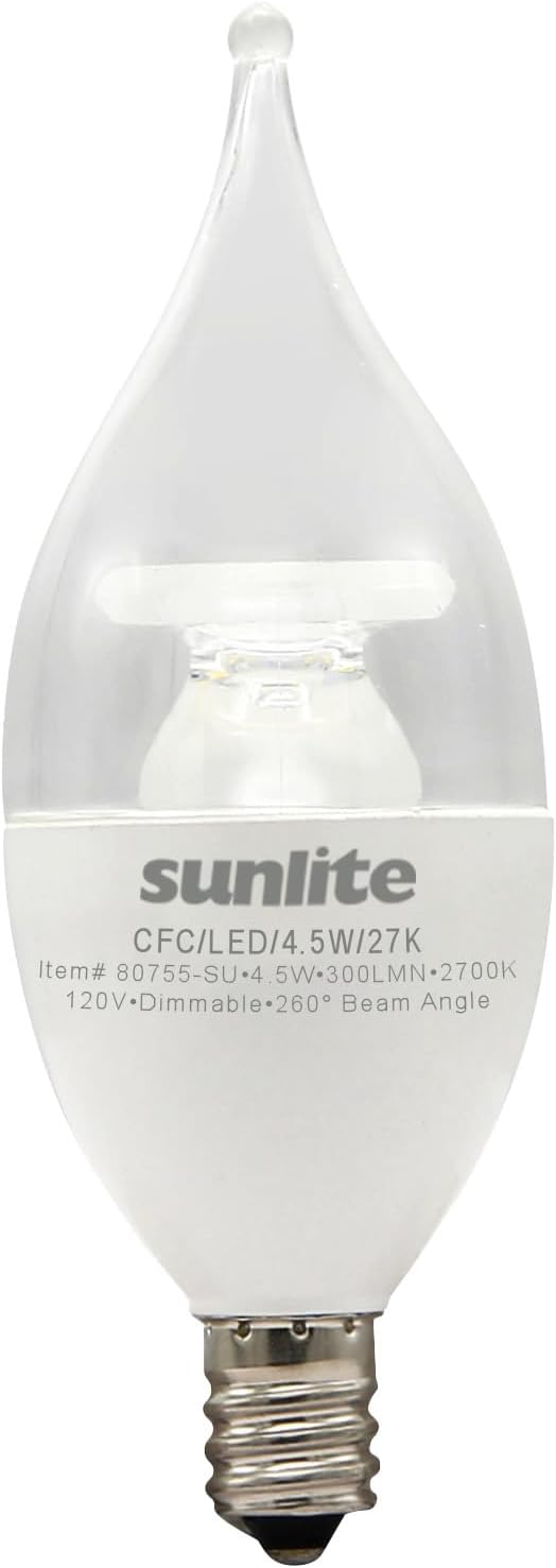 Sunlite LED CA11 Clear Chandelier CFC Light Bulb, 4.5 Watts (40W=), 300 Lumens, 120 Volts, Dimmable, Candelabra E12 Base, 90 CRI, ETL Listed, Flame Tip, 2700K Warm White, 1 Pack