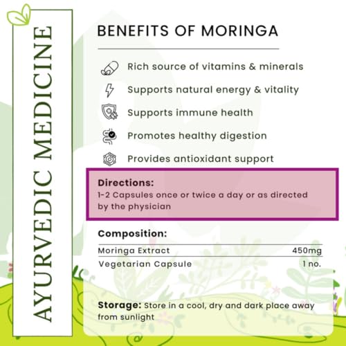 Image of Moringa Oleifera Capsules for Energy & Immunity Support - Pack of 3 (180 Veg Caps Total) - Natural Antioxidant & Detox Superfood for Men & Women Daily Wellness