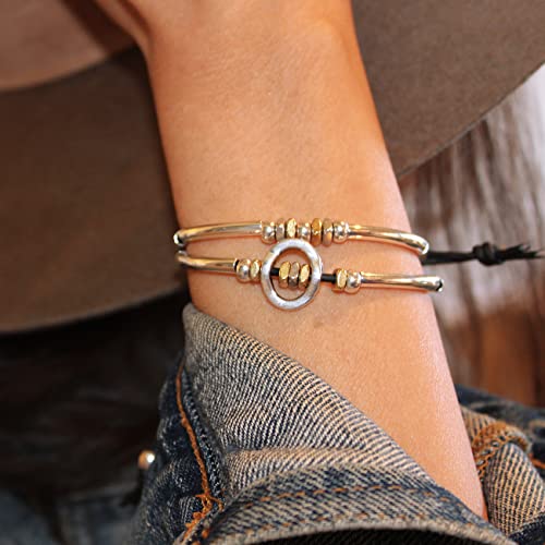 Lizzy James Optimism 2 Strand Black Leather And Silver Adjustable Bracelet With Silver And Goldplate Beads #TOP2