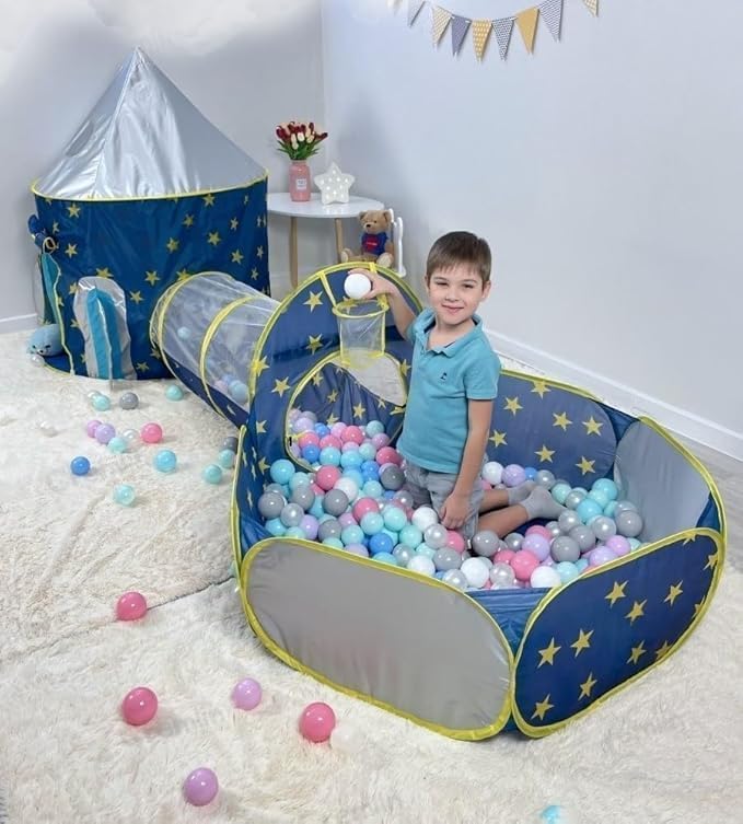 Barraca Infantil Azul 3 em 1 com Túnel e Piscina de Bolinhas + Cesta de Basquete – Dobrável, Portátil e Divertida para Crianças(Obs.Bolinhas Vendidas Separadamente)