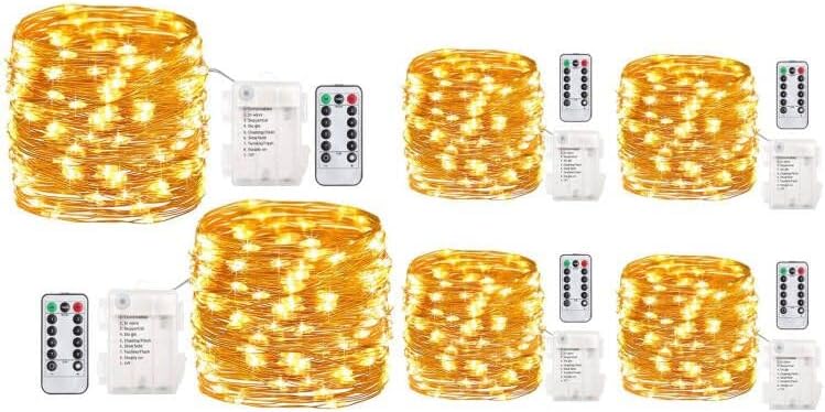 Miniatura 1 de Paquete de 4 luces LED de 16.4 pies y 2 paquetes de 60 luces LED de 20 pies, funciona con pilas con temporizador de control remoto, 8 modos de luces