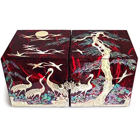 MADDesign Mother of Pearl Twin Cubes Lacquered Jewelry Box Crane Pine Tree Red Cover