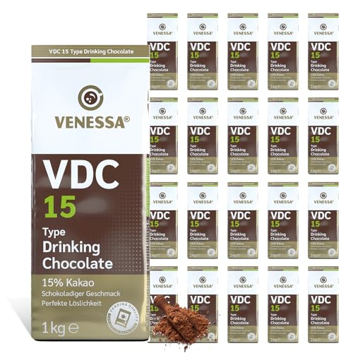 Venessa VDC 15 Trinkschokolade 20 x 1kg für Geschäftskunden, 15% Premium Kakao und Milchanteil, lösliches Kakaopulver für Gastro, leicht süß, angenehm - Alle Kaffeevollautomaten & Vending geeignet