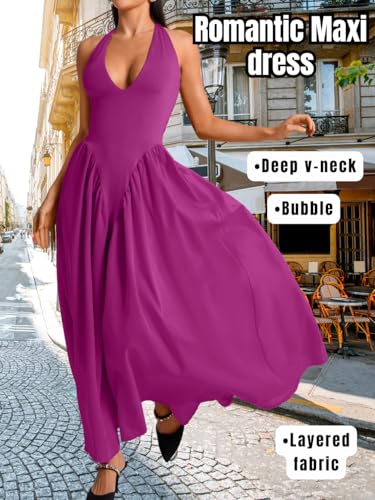 Image of ChiaoLezhee Deep V Neck Dress, Halter Maxi Dresses, Vacation Date Night, Sexy for Women Corset Flowy Wedding Guest Drop Waist