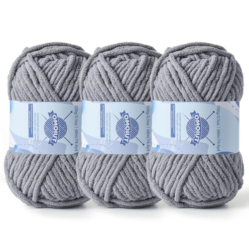 Image of 3 Pack Chunky Chenille Yarn for Crocheting, Baby Yarn for Crocheting Soft Blankets, Bulky Yarns for Crochet Amigurumi, 300g (223yds) Fluffy Velvet Yarns for Hand Knitting (3 Light Gray)