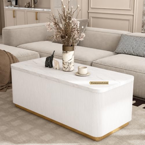 Image of Luxury Rectangle White Coffee Table with Nano Composite Marble-Look Top & Gold Base, Waterproof Plywood, Contemporary Center Table with Ribbed Fluted Design for Living Room & Home Decor