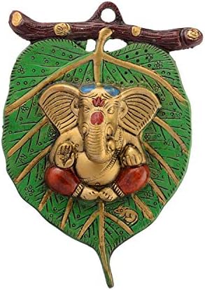 Rasakraft Metal Golden Lord Ganesha In Red Dhoti On Green Leaf Ganesha Wall Hanging | Decorative Showpiece for Wall Decor & Home Decor image 5
