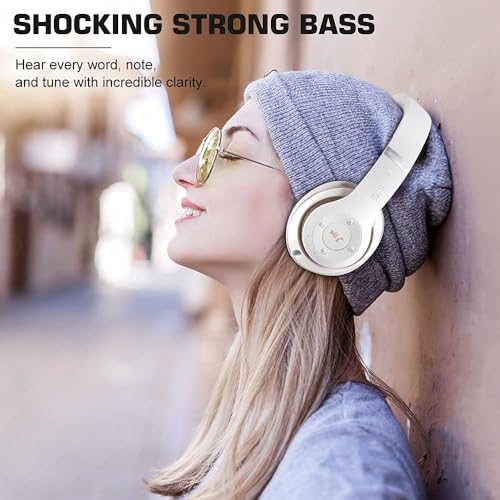 6S Wireless Bluetooth Headphones Over Ear, Hi-Fi Stereo Foldable Wireless Stereo Headsets Earbuds with Built-in Mic, Volume Control, FM for iPhone/Samsung/iPad/PC (White & Gold) by Prtukyt - Used condition - Image 6