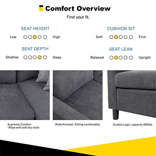 Walsunny Convertible Sectional Sofa Couch with Reversible Chaise, L-Shaped Couch with Modern Linen Fabric for Small Space (Dark Grey) - Image 5