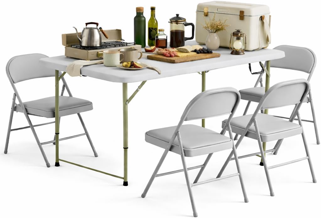 4ft Folding Table, 24" x 48" Adjustable Height Plastic Bi-Fold Utility Table, Granite White, Portable Table with Carry Handle for Indoor Outdoor Events, Home, Garage (Table with 4 Chairs)