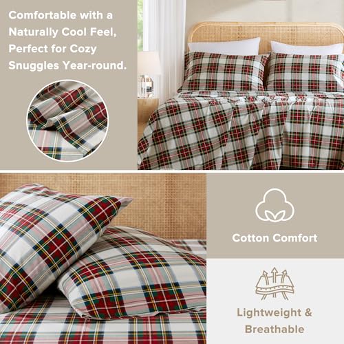 Comfort Spaces 100% Cotton Sheets Twin XL, Breathable, Naturally Cool Cotton Sheets, Cotton Bed Sheets 12" Elastic Pocket Fits up to 14" Mattress, All Seasons Sheet Set, Scottish Plaid Red 3 Piece