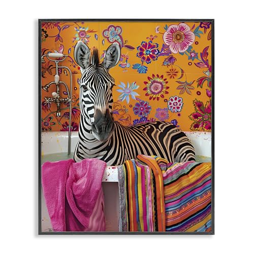 Tableau de bain zèbre avec serviette colorée cadre blanc - 2