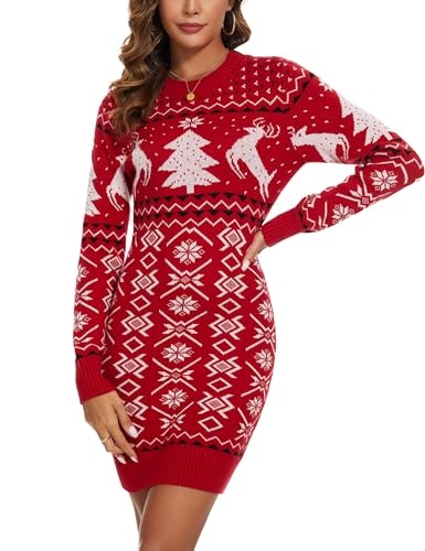 Bresdk Strickkleid Damen Weihnachtskleid Weihnachspullover Pulloverkleid Herbst Winter Rot XL
