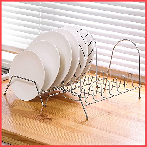 Image of wolpin 1 Pc Stainless Steel Plate Rack|Dish Rack|Plate Stand|Dish Stand|Lid Holder Utensils Rack For Kitchen Cabinet-8 Sections With Anti-Rust Nano Coating Plates Organiser,12.5x16.5x31.5 Centimeters