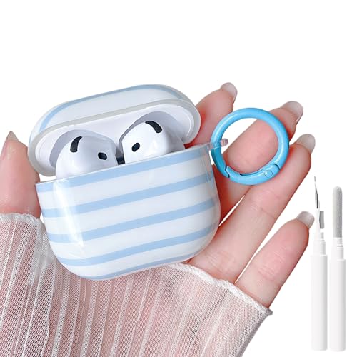 Image of MINSCOSE for AirPods 4 Clear Case,Cute Stripes Aesthetic Pattern Design with Trendy Keychain Ring,Soft TPU Anti-Drop Shockproof Protective Cover with Cleaner Kit for Girls Women-Blue