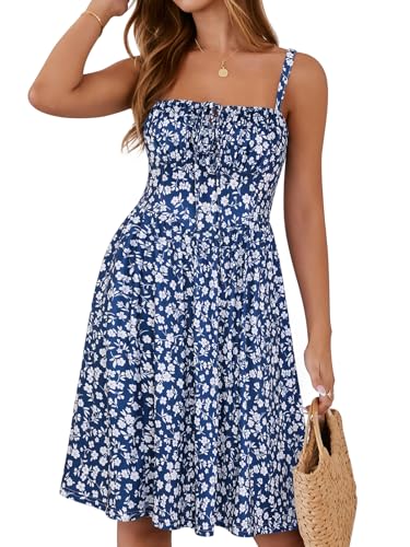 Image of YATHON Summer Mini Corset Sun Dress for Women Short Casual Square Neck Lace Up Floral Beach Vacation Dresses with Pockets