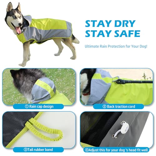 Hunderegenmantel Wasserdicht, Verstellbarer Regenmantel Hund mit Reflexstreifen und Kapuze, Regenjacke Hund für Outdoor Wandern, Regencape Hunde für Kleine, Mittelgroße und Große Hunde (Grün, 3XL)