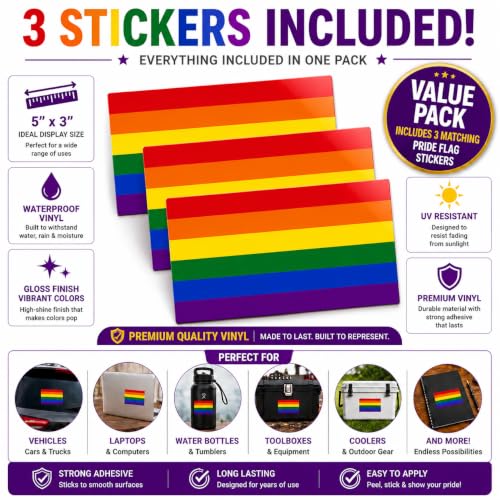 Image of Pride Flag Vinyl Flag Stickers, Car Decals, Waterproof Indoor Outdoor, Laptop Stickers, Car Bumper, LGBTQ, Gay Flag, 5 x 3 Inches, Set of 3