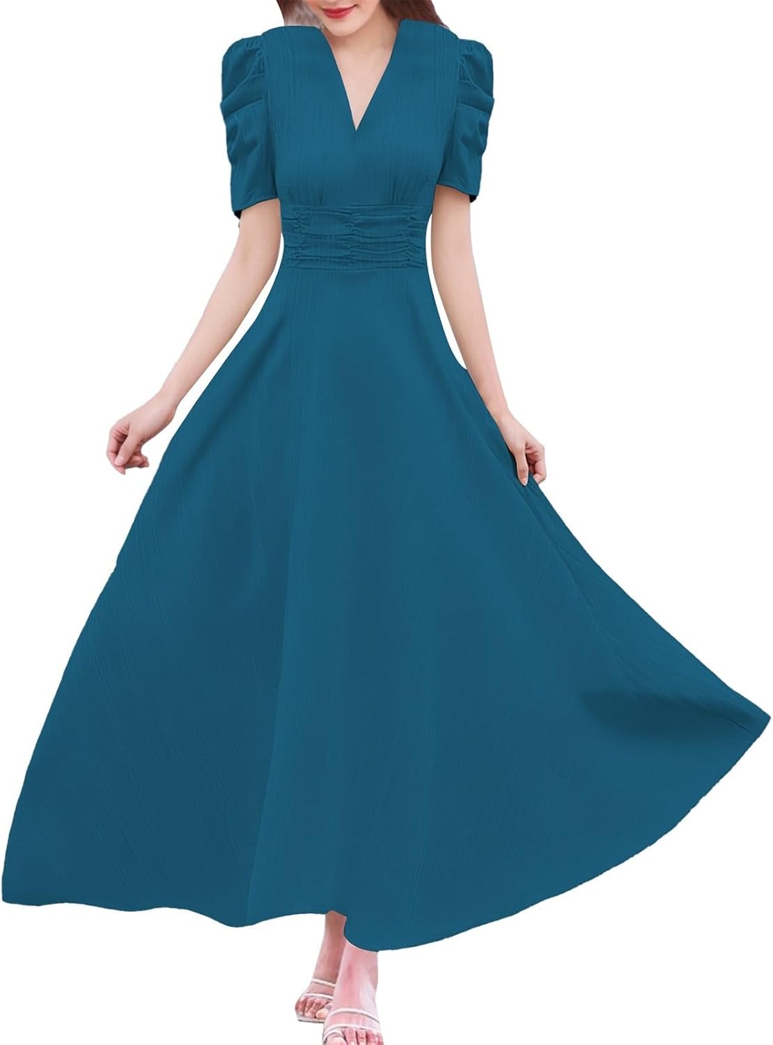 Women's Short Flutter Sleeve Dress High Waist V Neck Puff Sleeve Wedding Guest Pleated Formal Evening Maxi Dresses