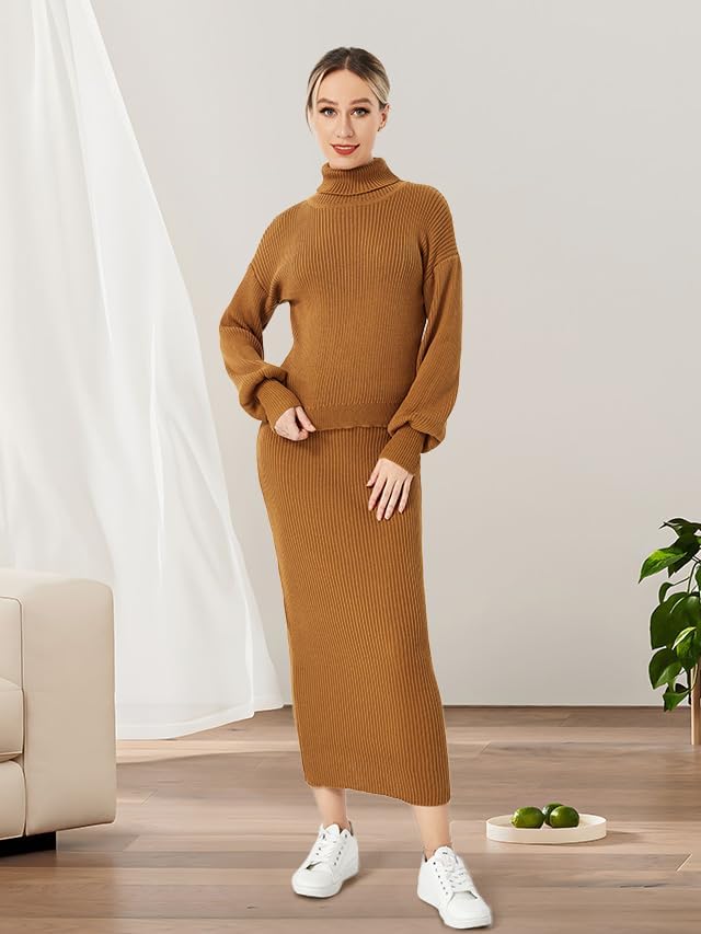Scacto Women's Fall 2 Piece Sweater Set Rib Knit Long Sleeve High Neck Pullover Sweater Maxi Bodycon Skirt Outfit - Image 3