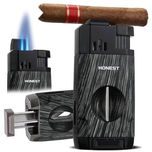 HONEST Accendino per sigari con fiamma a getto antivento, tagliasigari a V integrato, regalo per Natale, torcia ricaricabile a butano, accendini freddi tutto in uno per fumare, sigari (legno nero)
