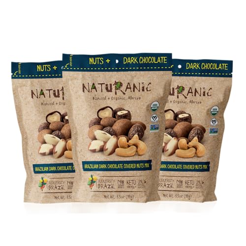 Naturanic Brazilian Dark Chocolate Covered Nuts Snack, No sugar, Keto friendly, Net Carb Zero, All Natural, Organic, Vegan - Pack of 3