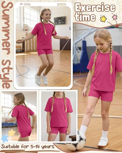 Image of Oakgarden Summer Outfits for Girls 5-14Y Athletic Casual Sets Kid Short Sleeve Shirt Bike Shorts 2 Piece Tween Trendy Clothes