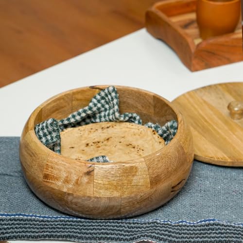 Image of Sanjeev Kapoor By OGGN Mango Wood 9 x 9 x 4 Inch, Casserole for Roti Hot Case | Wooden Roti Box | Hot Case Casserole | Big Chapati Storage Box for Home & Kitchen - Premium Wood Elegant Design