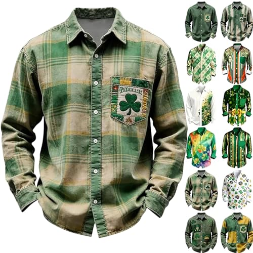 St Patricks Day Shirt Men,Mens St Patricks Day Shirt Plus Size Shamrock Clover Irish Shirts Pullover Graphic Tee Casual Button Down Long Sleeve Saint Patty's Day Outfits 2026,04Green,XXL