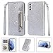 Badalink for Galaxy S22 Glitter Flip Wallet Case for Women Girls with Bling Diamond Rhinestone Card Holders Kickstand Wrist Strap Phone Cover Case Compatible with Samsung Galaxy S22 - Silver