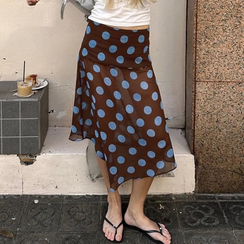 CORIRESHA Women's Y2K Contrast Polka Dot Midi Skirt Semi-Transparent Irregular Skirt2