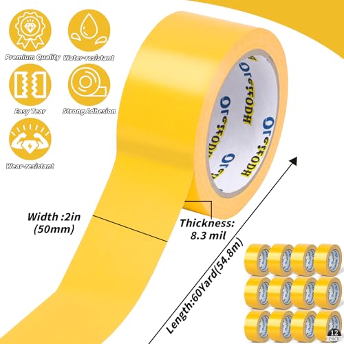 Image of Oleitodh 12 Pack Yellow Duct Tape Heavy Duty,8.3 Mil Thickness,2 Inches x 60 Yards,Strong Industrial Strength,Flexible,No Residue,Waterproof and Tear by Hand,Multi-Use for Indoor & Outdoor Repairs