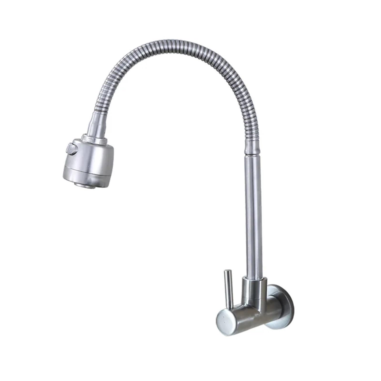 Grifo de cocina solo frío en acero inoxidable montado a la pared con caño giratorio universal