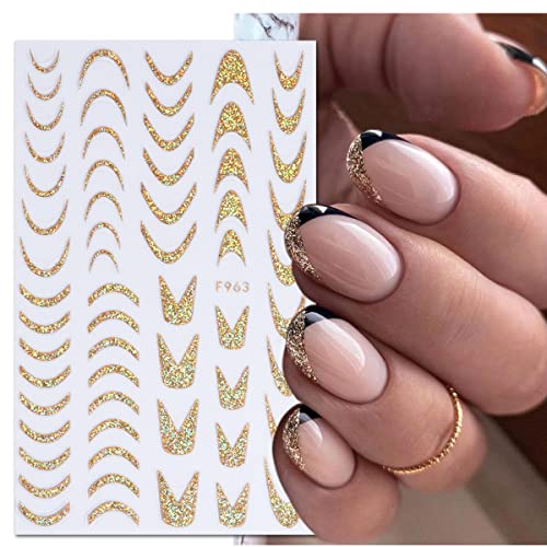 8Pcs French V-Shaped Sparkly Glitter French Line Nail Stickers Reflective Glitter Gold Broken Diamond Shiny Star Heart Butterfly Swirl Stripe Lines Nail Design Sticker Decals For Manicure Decoration #TOP2