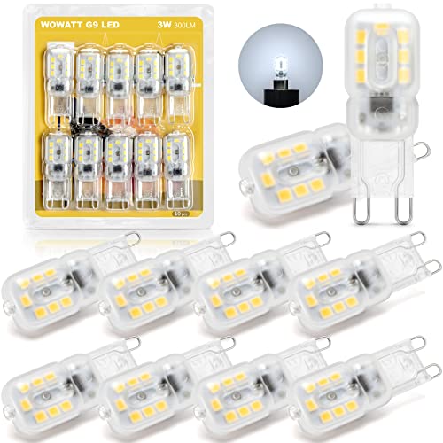 wowatt G9 LED Bulbs Cool White 10 Pack, 3W LED G9 Bulbs Equivalent to 33W, 6000K, 300LM, CRI＞83, 220V-240V, 360° Beam Angle, G9 No Flicker LED Bulbs, Non-Dimmable