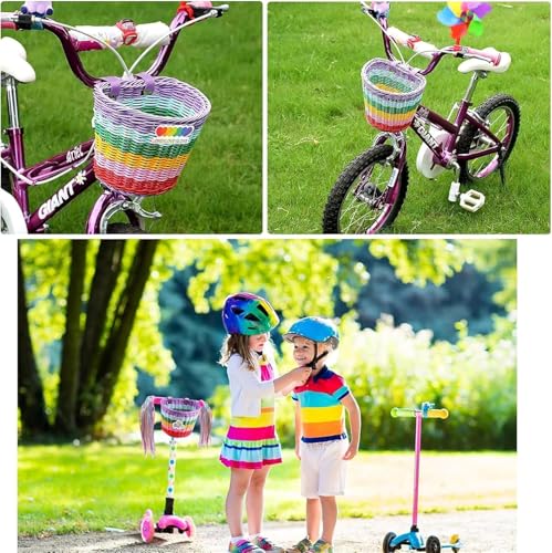 Ailovone Fahrradkorb für Kinder Fahrradkorb Geflochten Kinder Vorne Kinderfahrradkorb Vorne Geflochten aus Kunststoff mit Lederriemen Abnehmbar Korb Fahrrad Zubehör für Junge und Mädchen (Bunt)